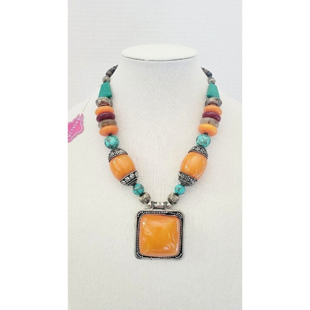 Designer Bajalia Ethnic Huge Chunky Orange Amber Resin Turquoise Brass Necklace